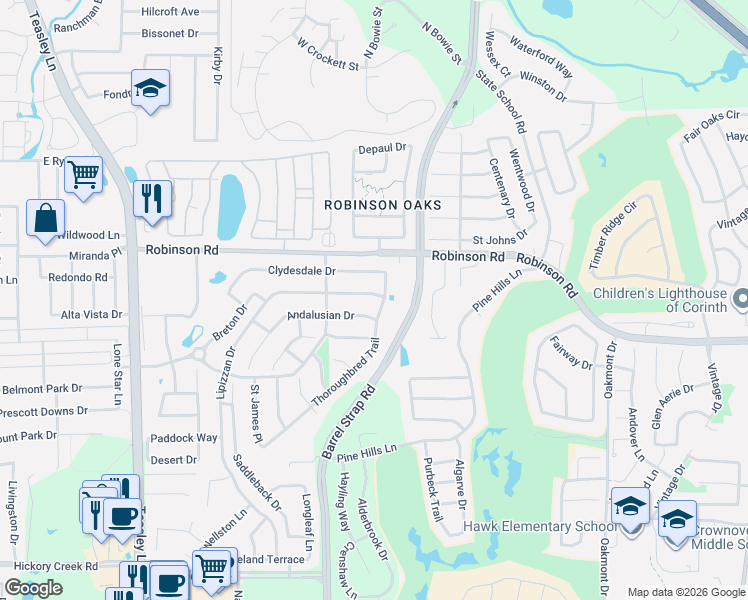 map of restaurants, bars, coffee shops, grocery stores, and more near 5717 Thoroughbred Trail in Denton