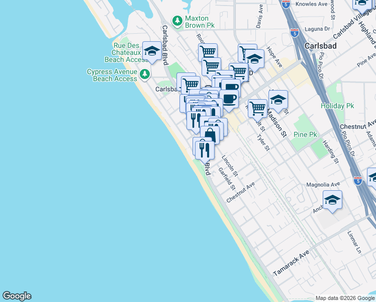 map of restaurants, bars, coffee shops, grocery stores, and more near in Carlsbad