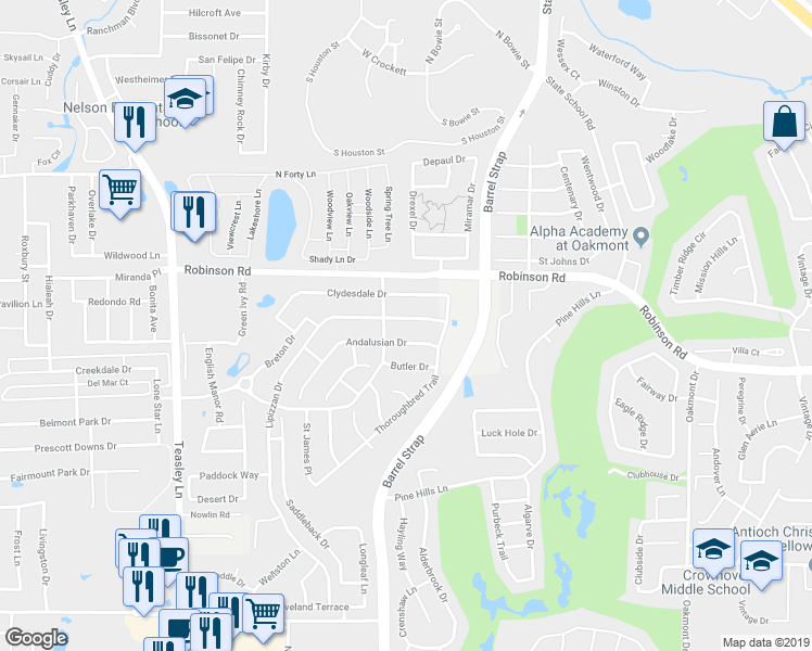 map of restaurants, bars, coffee shops, grocery stores, and more near 3516 Lipizzan Drive in Denton