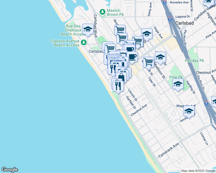 map of restaurants, bars, coffee shops, grocery stores, and more near 3095 Ocean Street in Carlsbad