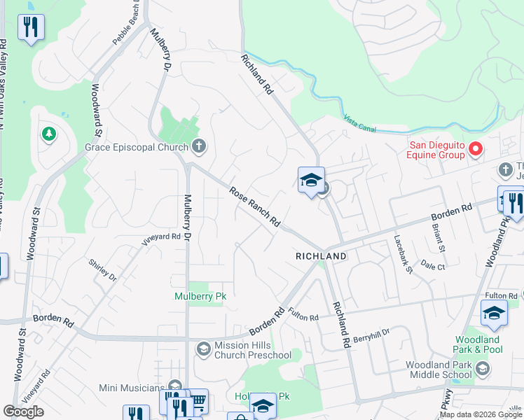 map of restaurants, bars, coffee shops, grocery stores, and more near Rose Ranch Road in San Marcos