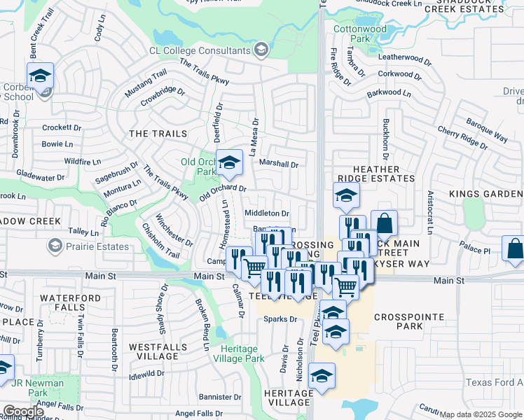 map of restaurants, bars, coffee shops, grocery stores, and more near 2680 Bandolier Lane in Frisco