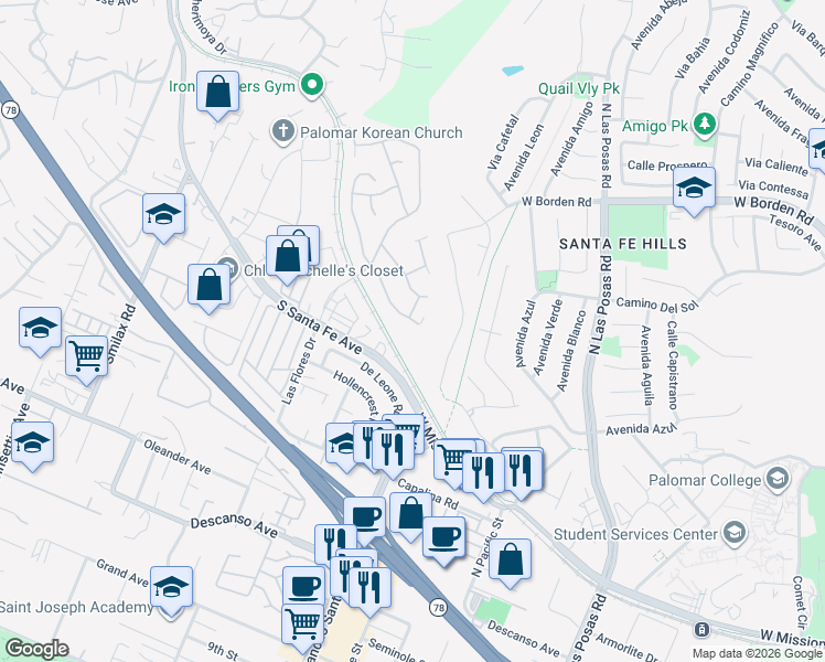 map of restaurants, bars, coffee shops, grocery stores, and more near 802 Via La Venta in San Marcos
