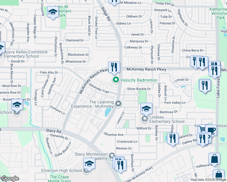 map of restaurants, bars, coffee shops, grocery stores, and more near 6052 Silverado Trail in McKinney