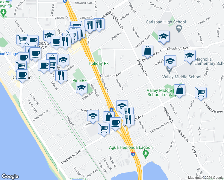 map of restaurants, bars, coffee shops, grocery stores, and more near 1031 Palm Avenue in Carlsbad