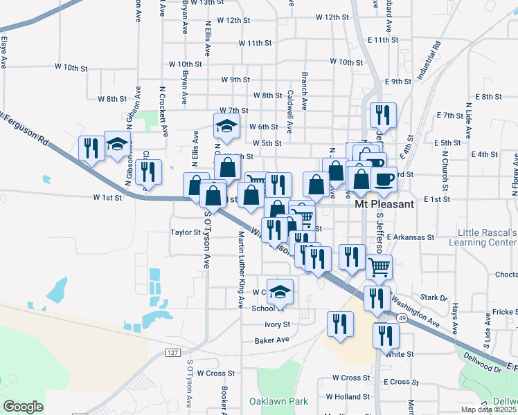 map of restaurants, bars, coffee shops, grocery stores, and more near 106 South Miller Avenue in Mount Pleasant