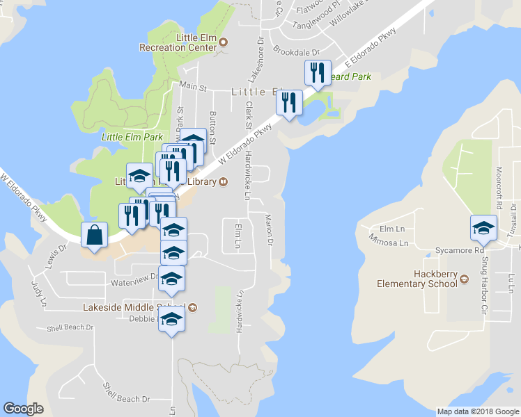 map of restaurants, bars, coffee shops, grocery stores, and more near 112 Lakeside Lane in Little Elm