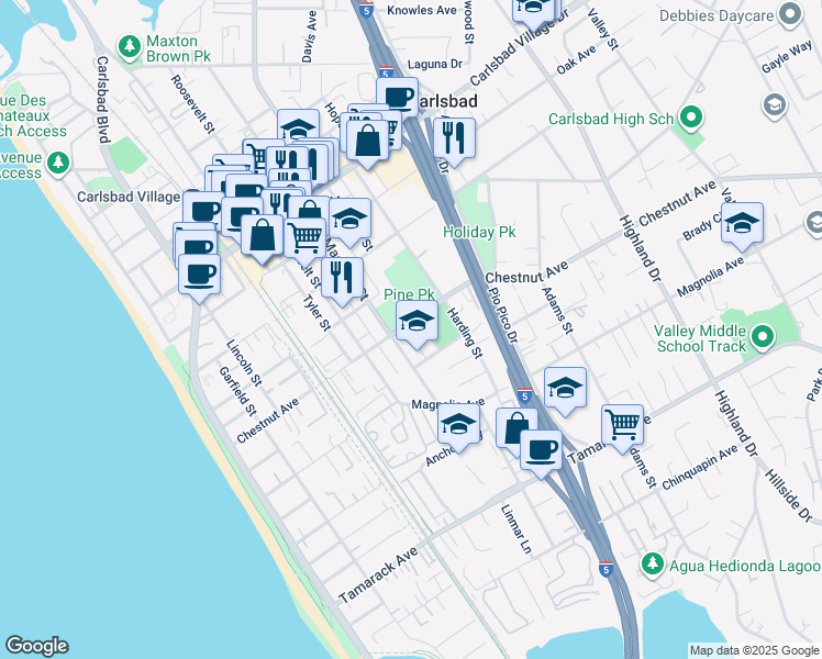 map of restaurants, bars, coffee shops, grocery stores, and more near 3468 Madison Street in Carlsbad