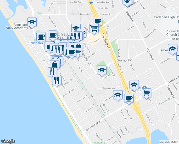 map of restaurants, bars, coffee shops, grocery stores, and more near 3356 Tyler Street in Carlsbad