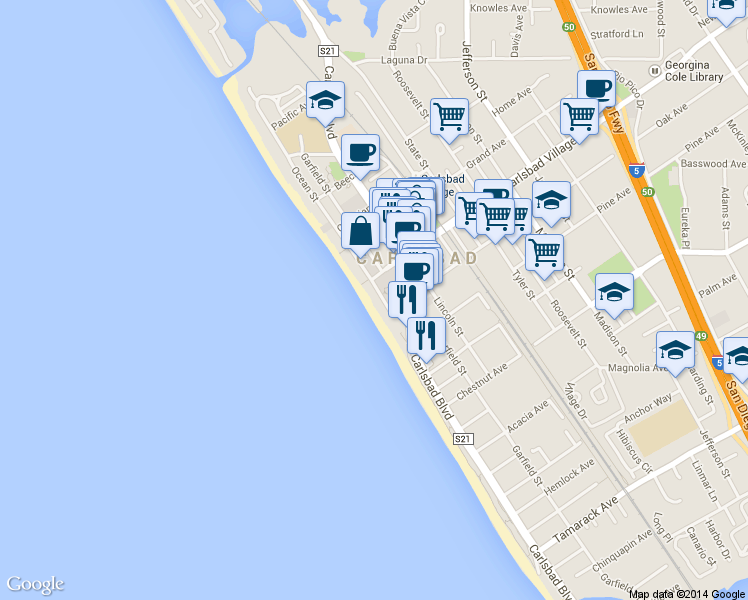 map of restaurants, bars, coffee shops, grocery stores, and more near in Carlsbad