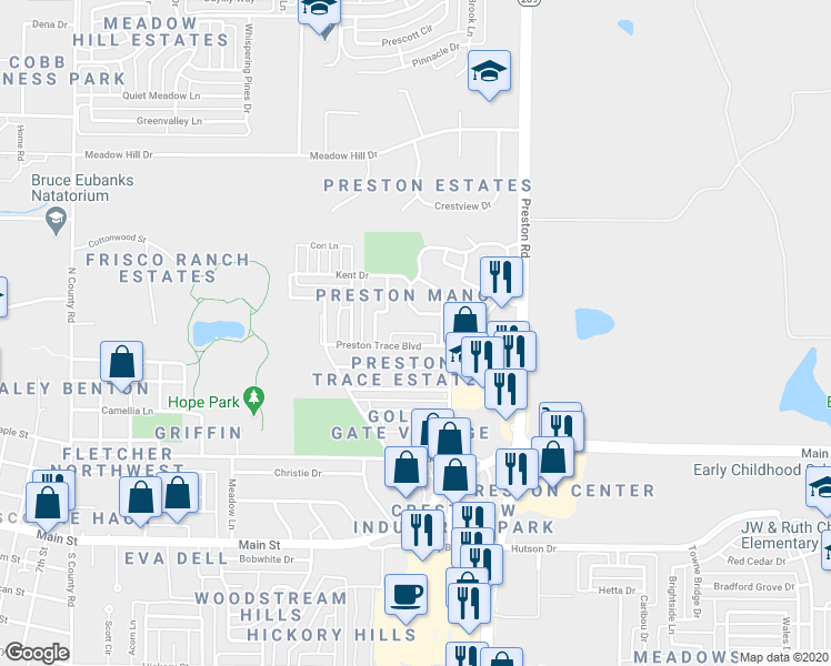map of restaurants, bars, coffee shops, grocery stores, and more near 8681 Preston Trace Boulevard in Frisco