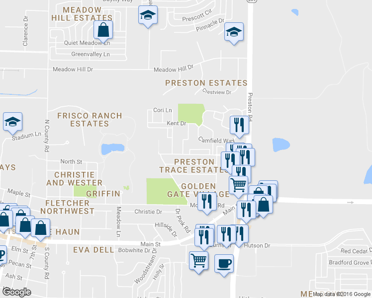 map of restaurants, bars, coffee shops, grocery stores, and more near 8547 Preston Trace Boulevard in Frisco