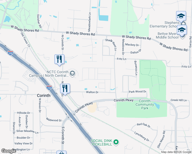 map of restaurants, bars, coffee shops, grocery stores, and more near 3401 Walton Drive in Corinth