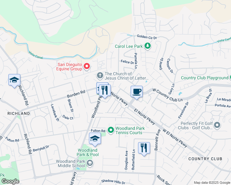 map of restaurants, bars, coffee shops, grocery stores, and more near 1701 Rosemary Court in Escondido