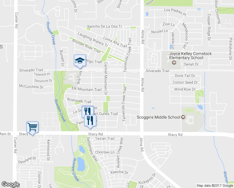 map of restaurants, bars, coffee shops, grocery stores, and more near 4508 Temecula Creek Trail in McKinney