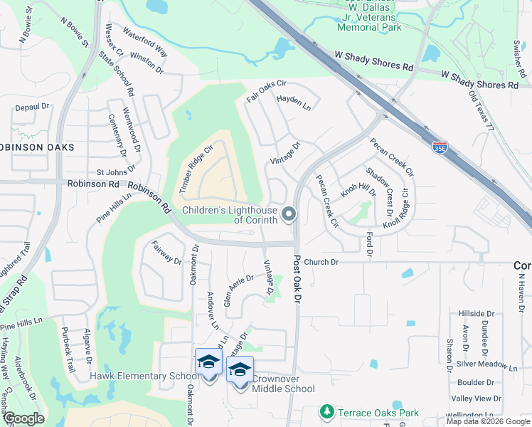 map of restaurants, bars, coffee shops, grocery stores, and more near 1725 Villa Court in Corinth