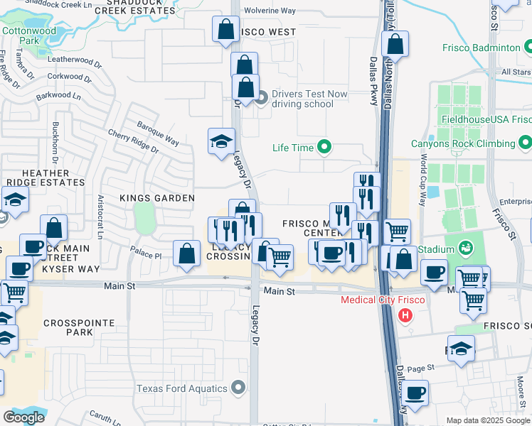 map of restaurants, bars, coffee shops, grocery stores, and more near 9560 Legacy Drive in Frisco