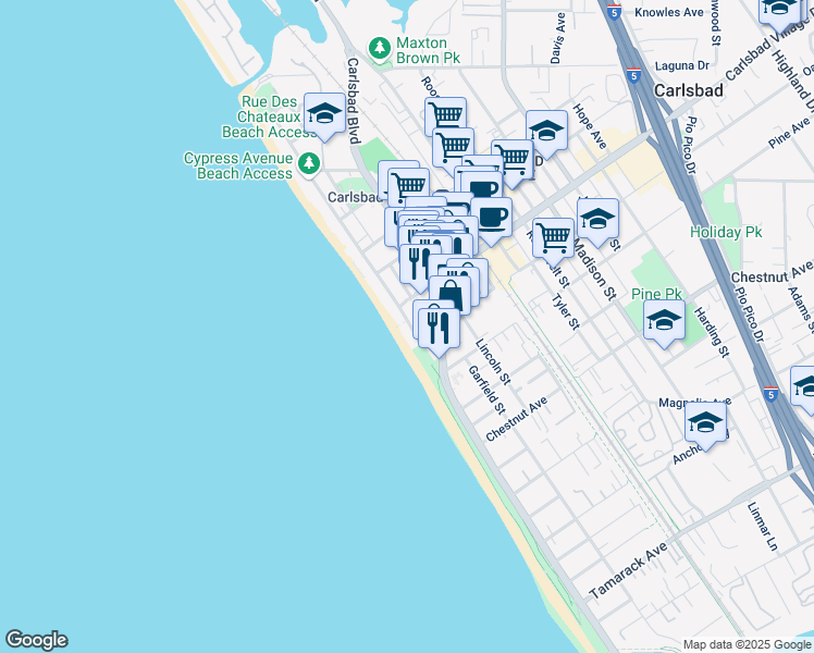 map of restaurants, bars, coffee shops, grocery stores, and more near 3095 Ocean Street in Carlsbad