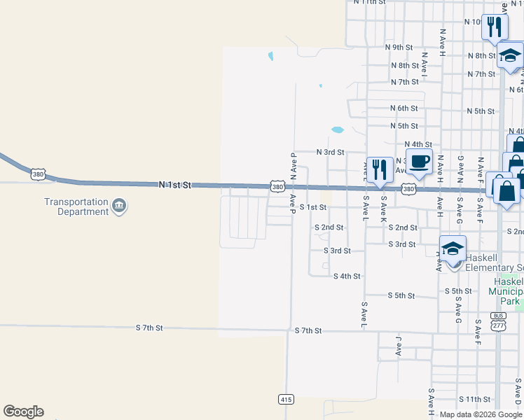 map of restaurants, bars, coffee shops, grocery stores, and more near 1608 Robbyn Lane in Haskell