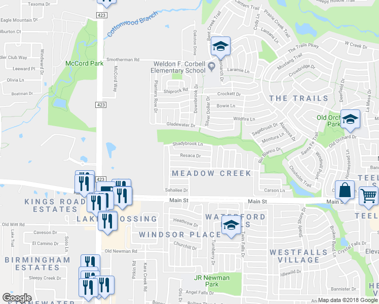 map of restaurants, bars, coffee shops, grocery stores, and more near 1094 Resaca Drive in Frisco