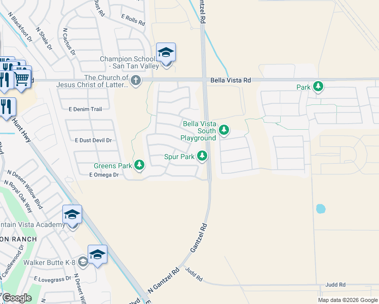 map of restaurants, bars, coffee shops, grocery stores, and more near 1936 East Dust Devil Drive in San Tan Valley