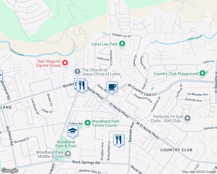 map of restaurants, bars, coffee shops, grocery stores, and more near 1750 Sally Place in Escondido