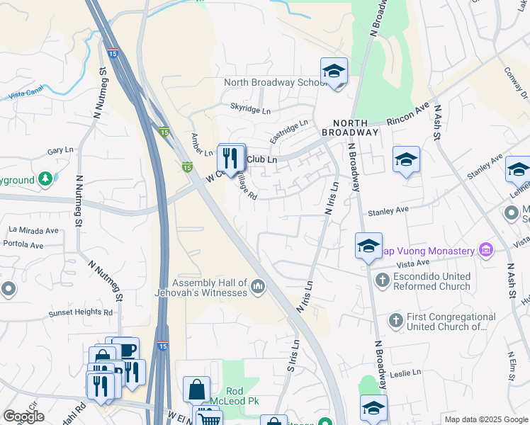 map of restaurants, bars, coffee shops, grocery stores, and more near 2101 Ridgeview Place in Escondido