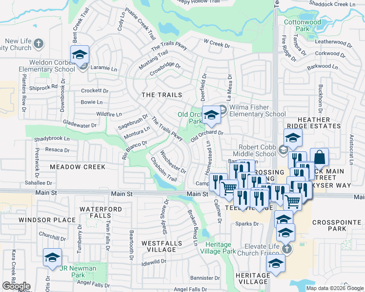 map of restaurants, bars, coffee shops, grocery stores, and more near 9324 Windmill Point in Frisco