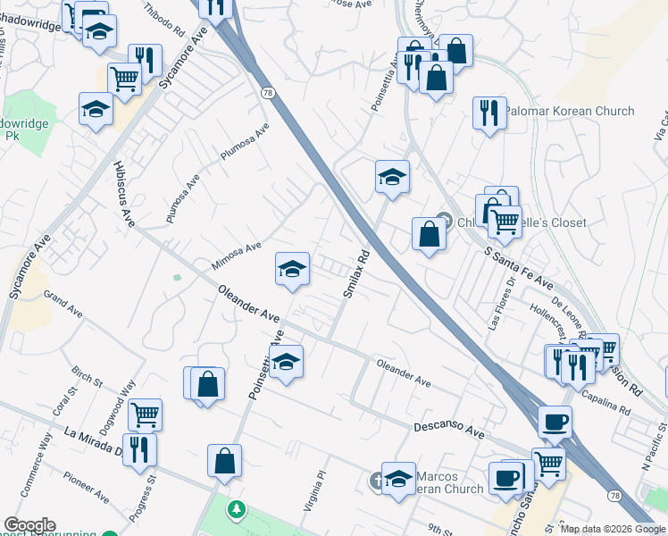 map of restaurants, bars, coffee shops, grocery stores, and more near 459 Smilax Road in Vista