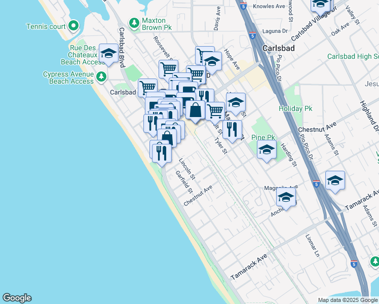 map of restaurants, bars, coffee shops, grocery stores, and more near 387 Pine Avenue in Carlsbad