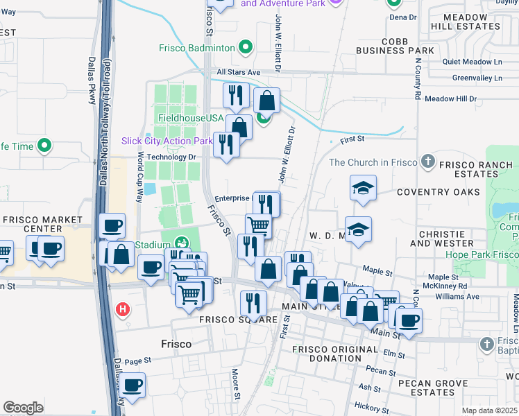 map of restaurants, bars, coffee shops, grocery stores, and more near 9355 John W. Elliott Drive in Frisco