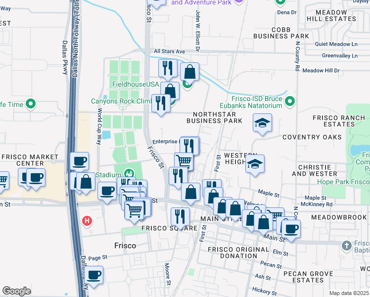 map of restaurants, bars, coffee shops, grocery stores, and more near 9355 John W. Elliott Drive in Frisco