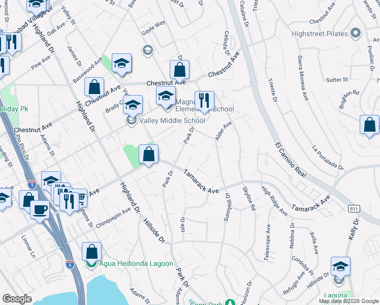 map of restaurants, bars, coffee shops, grocery stores, and more near 3991 Alder Avenue in Carlsbad
