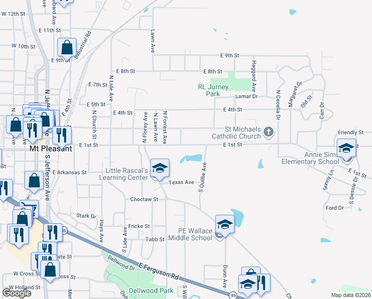 map of restaurants, bars, coffee shops, grocery stores, and more near 1008 East 1st Street in Mount Pleasant