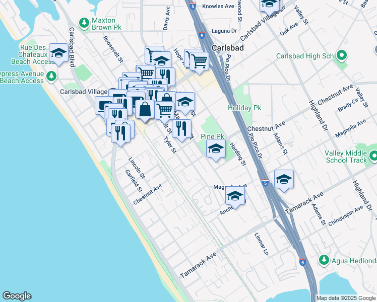 map of restaurants, bars, coffee shops, grocery stores, and more near 3328 Roosevelt Street in Carlsbad