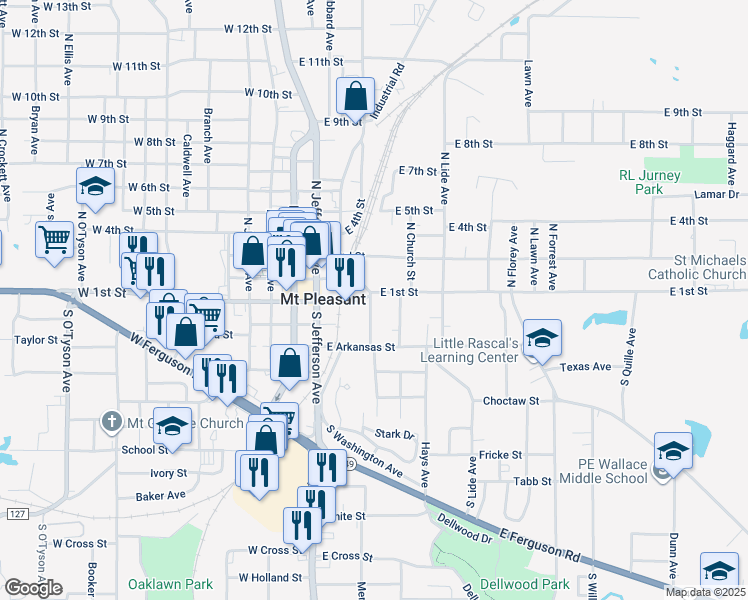 map of restaurants, bars, coffee shops, grocery stores, and more near 110 South Lee Avenue in Mount Pleasant