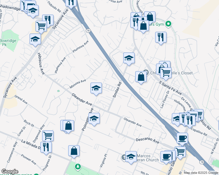 map of restaurants, bars, coffee shops, grocery stores, and more near 506 Willowmore Street in Vista