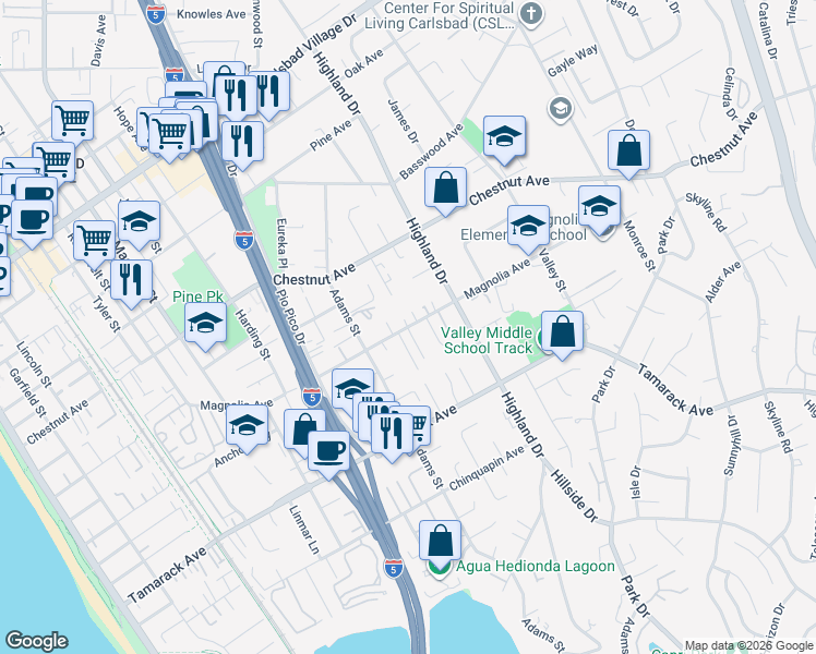 map of restaurants, bars, coffee shops, grocery stores, and more near Grecourt Way in Carlsbad