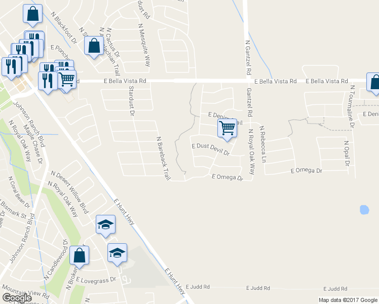 map of restaurants, bars, coffee shops, grocery stores, and more near North Honeysuckle Drive in Queen Creek