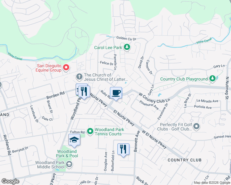 map of restaurants, bars, coffee shops, grocery stores, and more near 1810 West Country Club Lane in Escondido