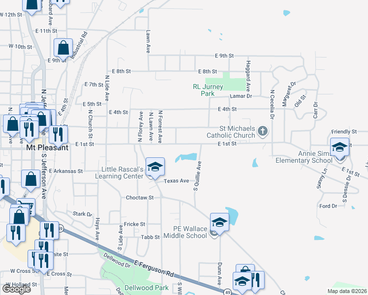 map of restaurants, bars, coffee shops, grocery stores, and more near 1008 East 1st Street in Mount Pleasant