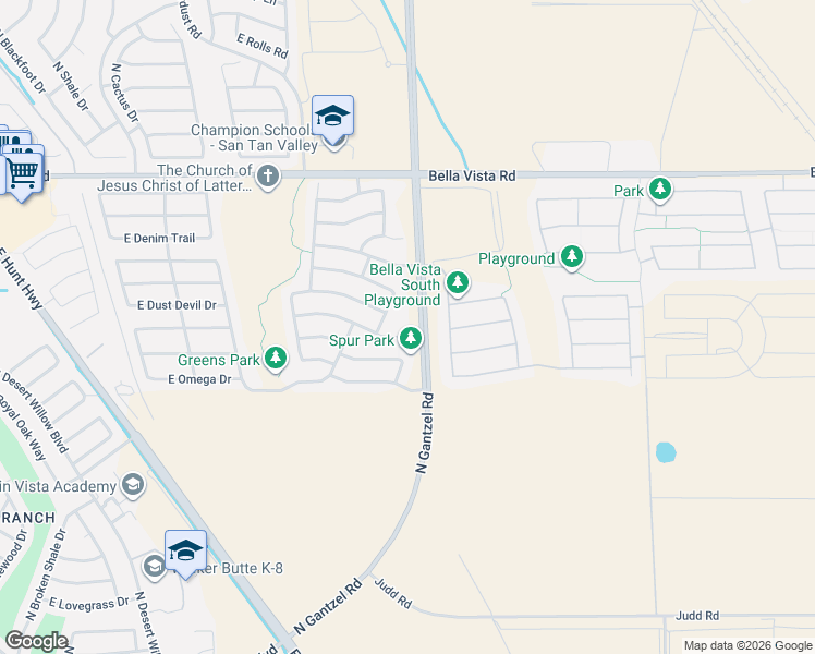 map of restaurants, bars, coffee shops, grocery stores, and more near 2024 East Dust Devil Drive in San Tan Valley