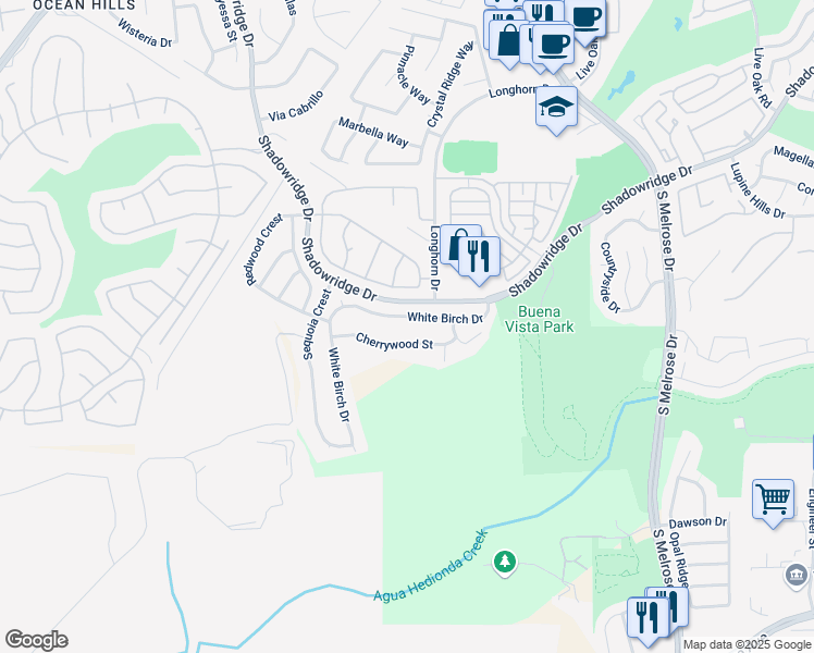 map of restaurants, bars, coffee shops, grocery stores, and more near 1942 White Birch Drive in Vista