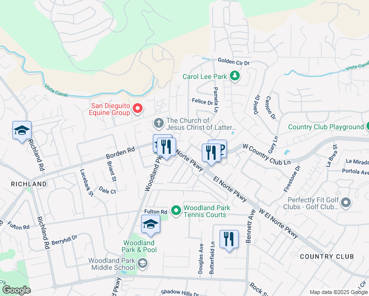 map of restaurants, bars, coffee shops, grocery stores, and more near 1709 Rosemary Court in Escondido