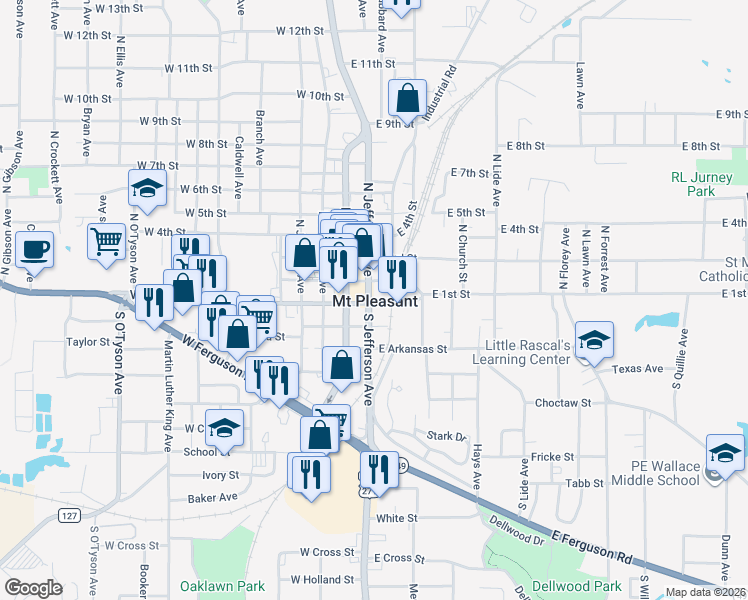 map of restaurants, bars, coffee shops, grocery stores, and more near 3200 County Road 1625 in Mount Pleasant