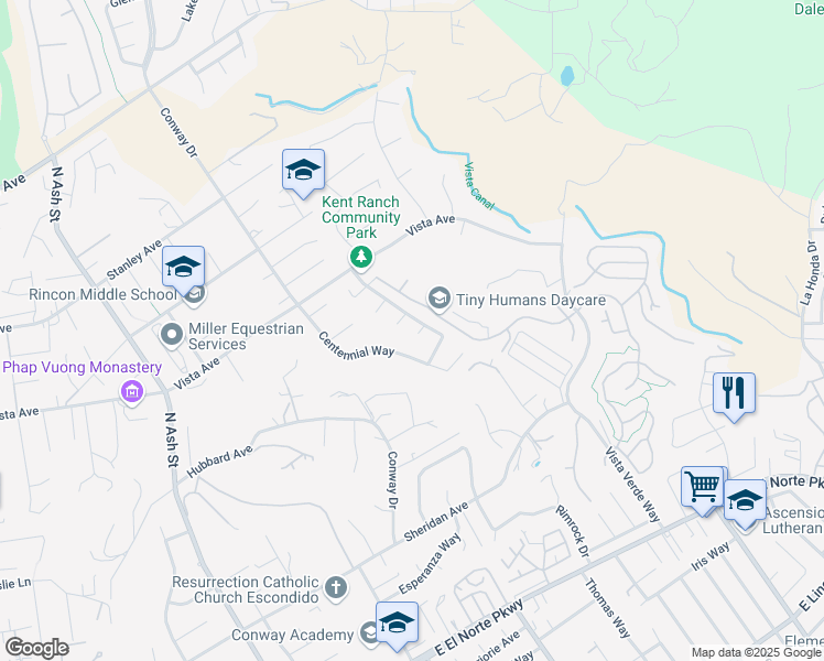 map of restaurants, bars, coffee shops, grocery stores, and more near 1368 Gilmore Place in Escondido
