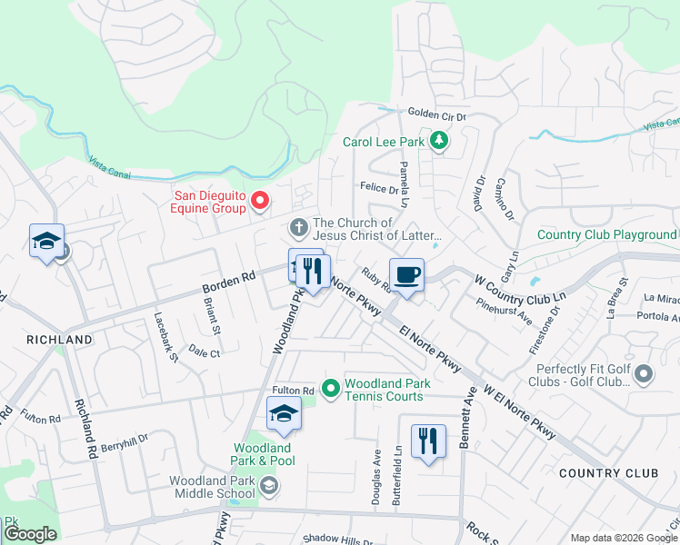 map of restaurants, bars, coffee shops, grocery stores, and more near 1731 Emogene Place in Escondido