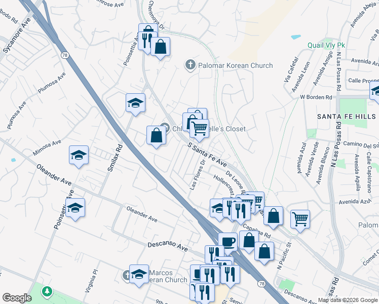 map of restaurants, bars, coffee shops, grocery stores, and more near 155 North Las Flores Drive in San Marcos