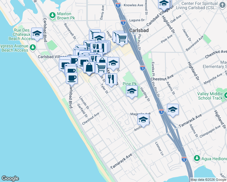 map of restaurants, bars, coffee shops, grocery stores, and more near 3304 Roosevelt Street in Carlsbad