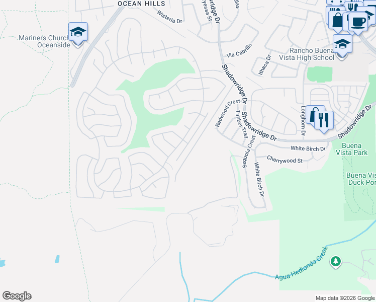 map of restaurants, bars, coffee shops, grocery stores, and more near 5098 Dassia Way in Oceanside
